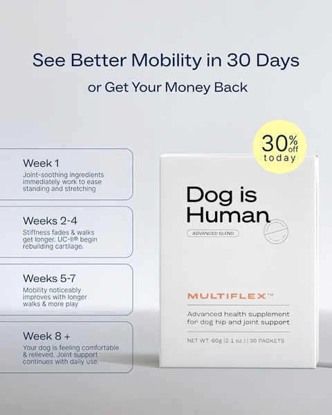 A clean, educational ad layout that visualizes the expected health benefits of a dog joint supplement over an eight-week usage period.
